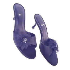 IMPO 7.5 Black Feathers Beads Open Toe Mules Heels